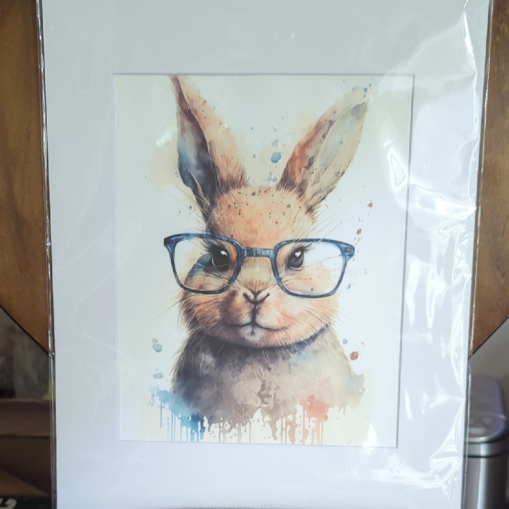 Whimsical Rabbit with Glasses Art Print - Blue and Brown